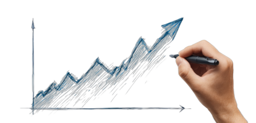 A hand draws an upward trending graph with an arrow