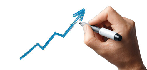 Hand drawing a blue rising arrow on a black background