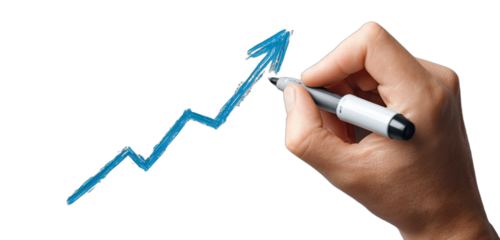 Hand drawing a blue rising arrow on a black background