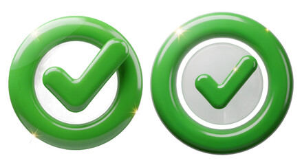 3d illustration of two shiny green checkmark icons, symbolizing approval, success, and completion, isolated on transparent background