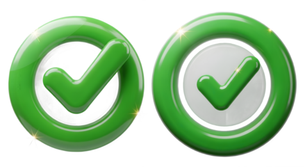 3d illustration of two shiny green checkmark icons, symbolizing approval, success, and completion, isolated on transparent background