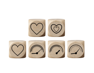 Wooden Blocks With Heart and Gauge Icons in Straight Front View, Emotional Intelligence Concept, Isolated 