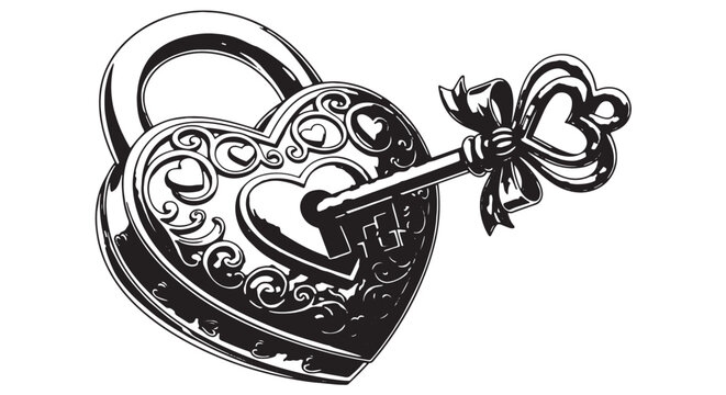 Ornate heart-shaped padlock with a key, a romantic symbol of trust and commitment illustrated in monochrome.