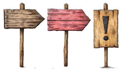 Three weathered wooden signs two pointing arrows, one with an exclamation mark