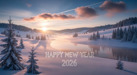 Serene winter landscape at sunrise with snow-covered trees and tranquil water, celebrating the new year.