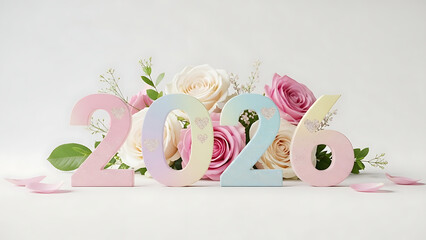 Romantic Floral Happy New Year 2026 Decoration with Roses and Pastel Numbers