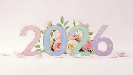 Romantic Floral Happy New Year 2026 Decoration with Roses and Pastel Numbers
