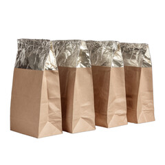 Four brown paper bags with foil-lined interiors stand side by side