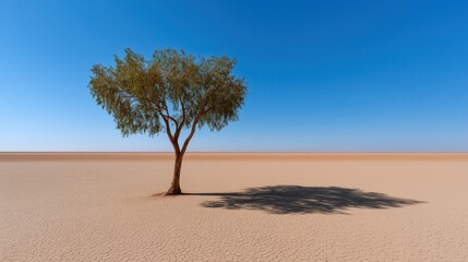 A solitary tree stands in a dry, cracked earth landscape with a clear blue sky above. A symbol of resilience in harsh conditions.
