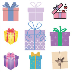 Vector set of 9 colorful gift boxes with ribbons and bows, isolated on white background for holiday and birthday celebration