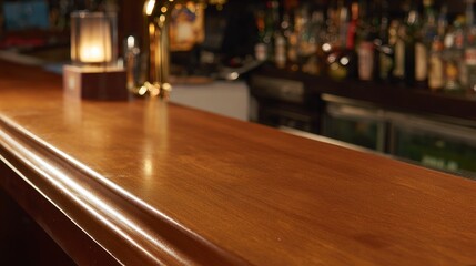 establishment. Classic wooden bar counter with polished details, set in an ambient pub environment. bar promotions, beverage menus, designed for food & beverage menus and cafe branding.