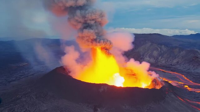 Aerial Active Volcanic Eruption with Lava and Smoke 4K