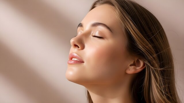 Young woman enjoying sunlight on her face with closed eyes.