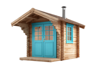 Rustic wooden cabin with teal doors and window, chimney on roof