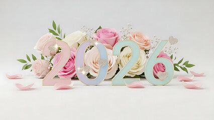 Elegant 2026 New Year Floral Arrangement with Pastel Roses and Glitter Hearts