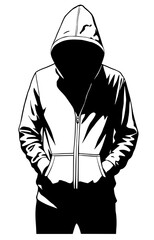 Black vector line art of a person wearing a zippered hooded sweatshirt with the hood up, obscuring the face completely.