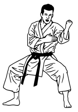 Black line art illustration of a male karate practitioner performing a low Kiba-dachi (Horse Riding Stance) with a ready or blocking hand position (chudan uke/juji uke variation).