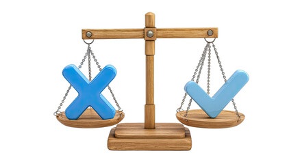 Balance scale weighing a blue checkmark against a blue x