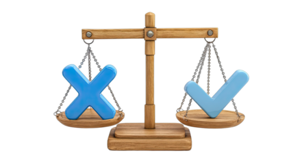 Balance scale weighing a blue checkmark against a blue x