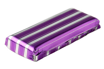 Rectangular item wrapped in shiny purple and white striped foil