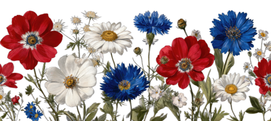 Red, white, and blue flowers in a vibrant border arrangement