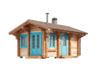 Rustic wooden cabin with bright blue doors and window frames