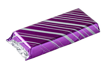Rectangular confection bar wrapped in shiny purple and silver striped foil