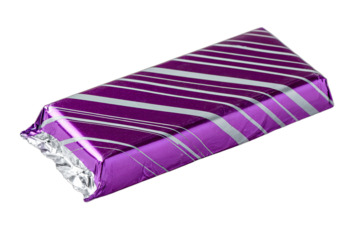 Rectangular confection bar wrapped in shiny purple and silver striped foil