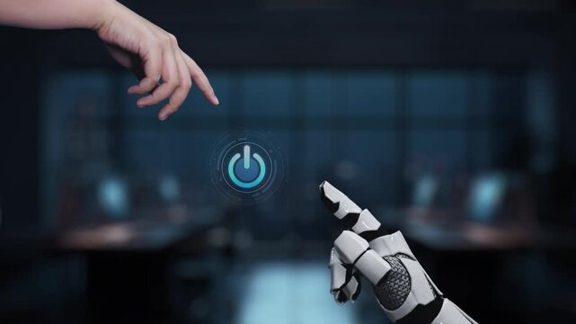 An imaginative digital scene displaying the interaction between a human hand and a robotic hand engaging with a glowing power symbol, signifying the start of innovation in 2026. Synapse