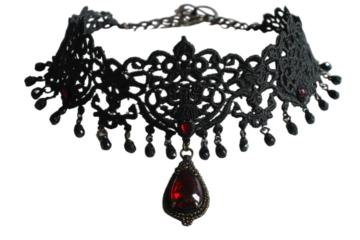 Ornate black lace choker with red jewel pendant and dangling beads
