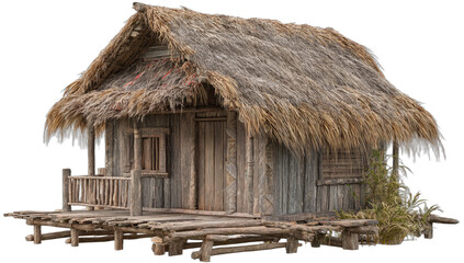 Rustic wooden hut with thatched roof on stilts, natural setting