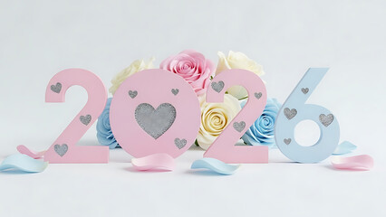 Pastel New Year 2026 Decoration with Roses and Glitter Hearts on White Background