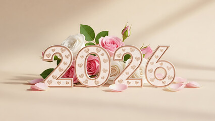 Pastel Floral 2026 New Year Decoration with Soft Roses and Petals
