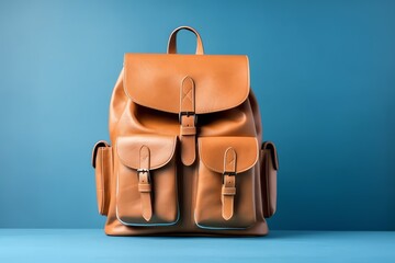 Modern school backpack and books on blue background
