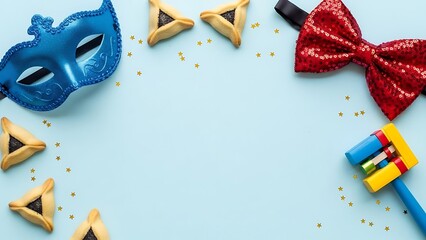 Festive purim celebration still life with mask hamantaschen and gragger