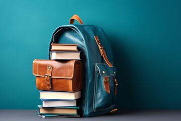 Modern school backpack and books on blue background