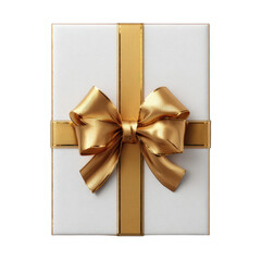 A luxurious white gift box with a gold ribbon and bow