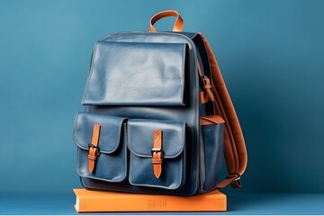 Modern school backpack and books on blue background
