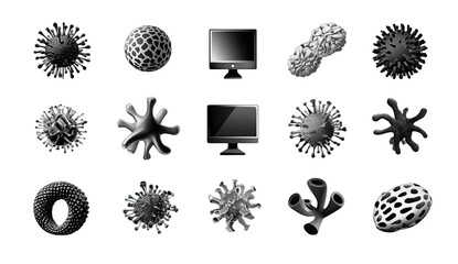 Array of dark, textured, abstract, three-dimensional forms and two screens