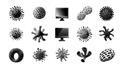 Array of dark, textured, abstract, three-dimensional forms and two screens