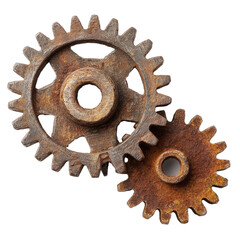 Two rusty interlocking metal gears, showcasing age and wear
