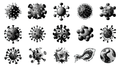 A dark background displays a grid of diverse, abstract spherical and angular microscopic shapes