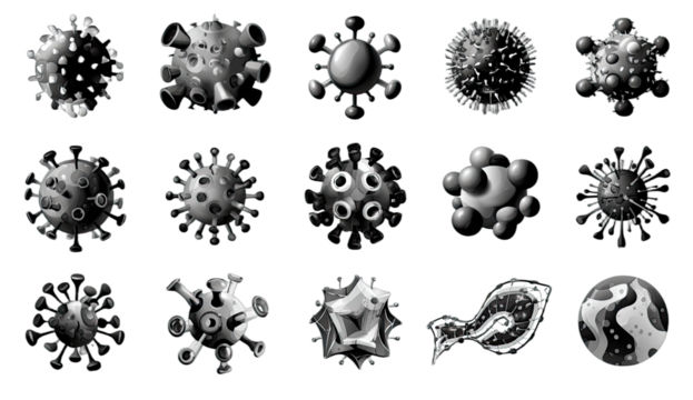 A dark background displays a grid of diverse, abstract spherical and angular microscopic shapes - Powered by Adobe