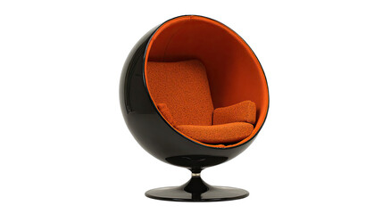 A retro-style, spherical chair with a black exterior and orange interior