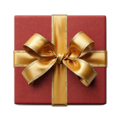A red gift box with a golden ribbon and bow tied on top