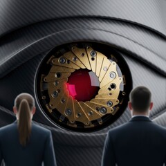 Two people looking at a large mechanical eye with a red pupil, symbolizing surveillance and advanced technology.