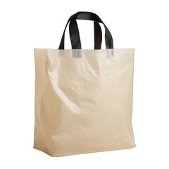 A light-colored shopping bag with black fabric handles stands against a dark background