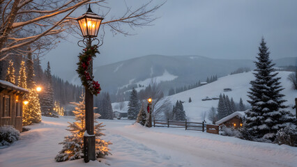 ski resort in winter, cozy alpine village, christmas street scene, mountain town lights, foggy winter backdrop