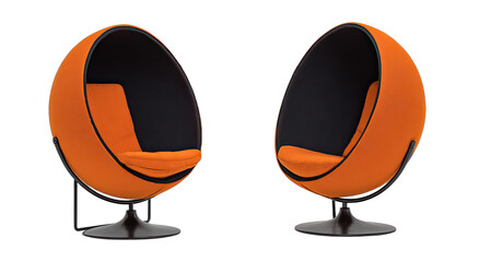 Two futuristic orange pod chairs on black bases, a modern design