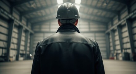 Rear view of an industrial worker in a hard hat walking through a large empty warehouse.